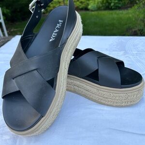 Authentic PRADA espadrille sandals, black leather straps. Excellent condition.
